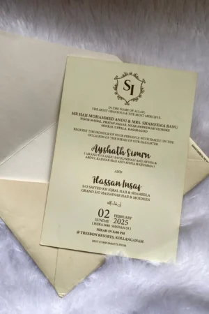 Customised cream color envelope with card and foil printed logo.
