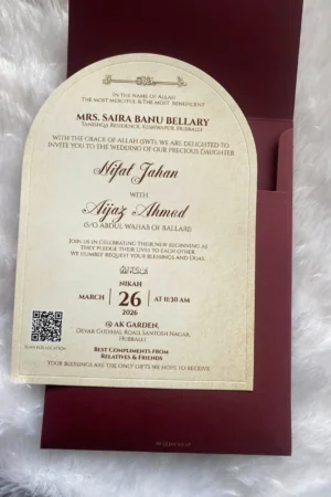 Arch shape card and maroon color cover.