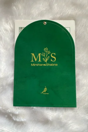 Green color arch shape card with digital card.