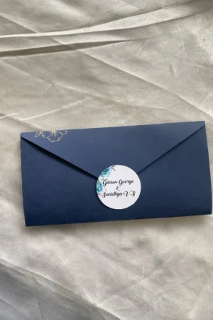 Blue color folding card with round sticker.