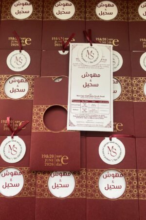 imported paper, maroon envelope card with round tag