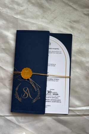 Blue, arch shape color card with golden acrylic engraved name plate
