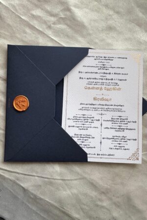 Blue color envelope cover with texture card and wax seal